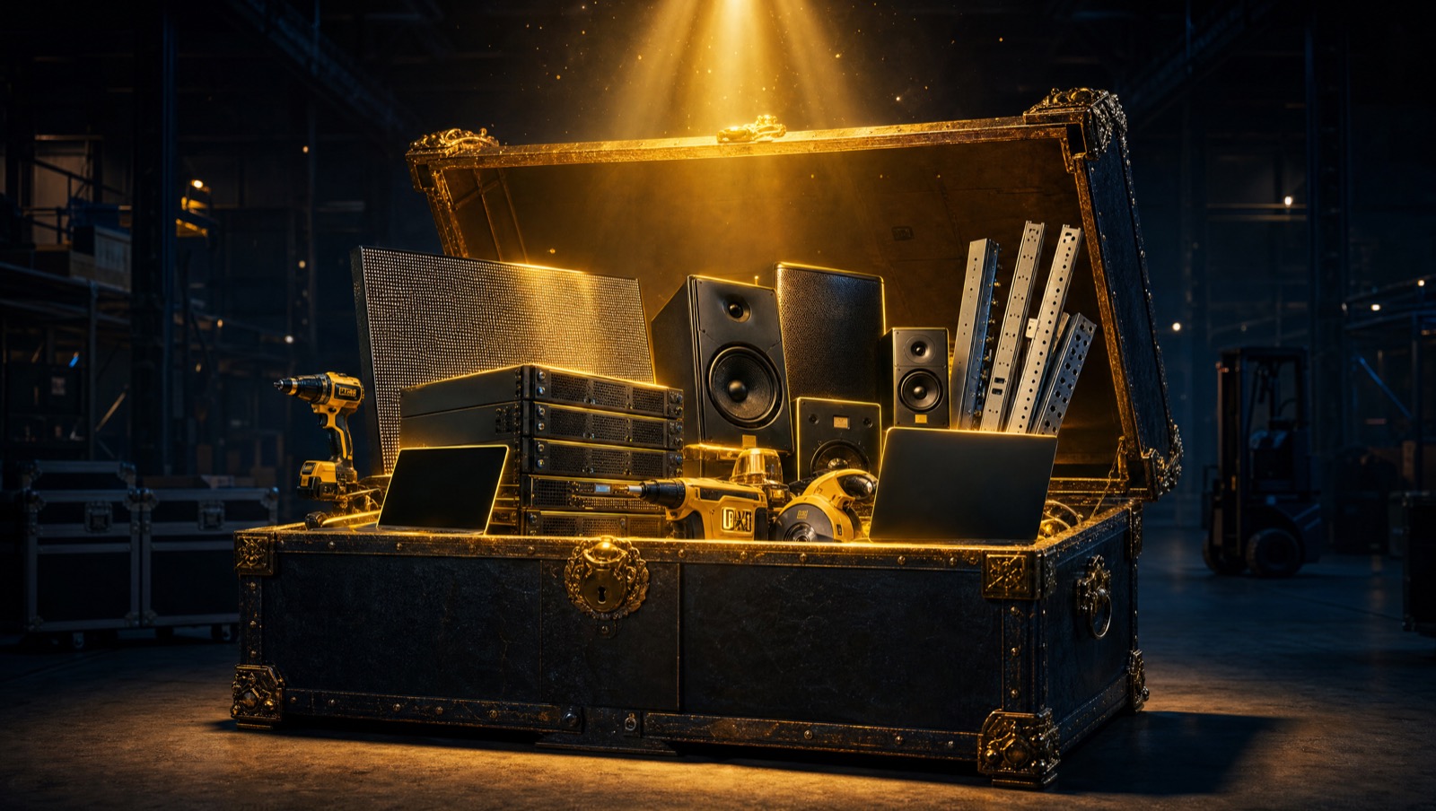A treasure chest overflowing with tech gear, servers, speakers and tools