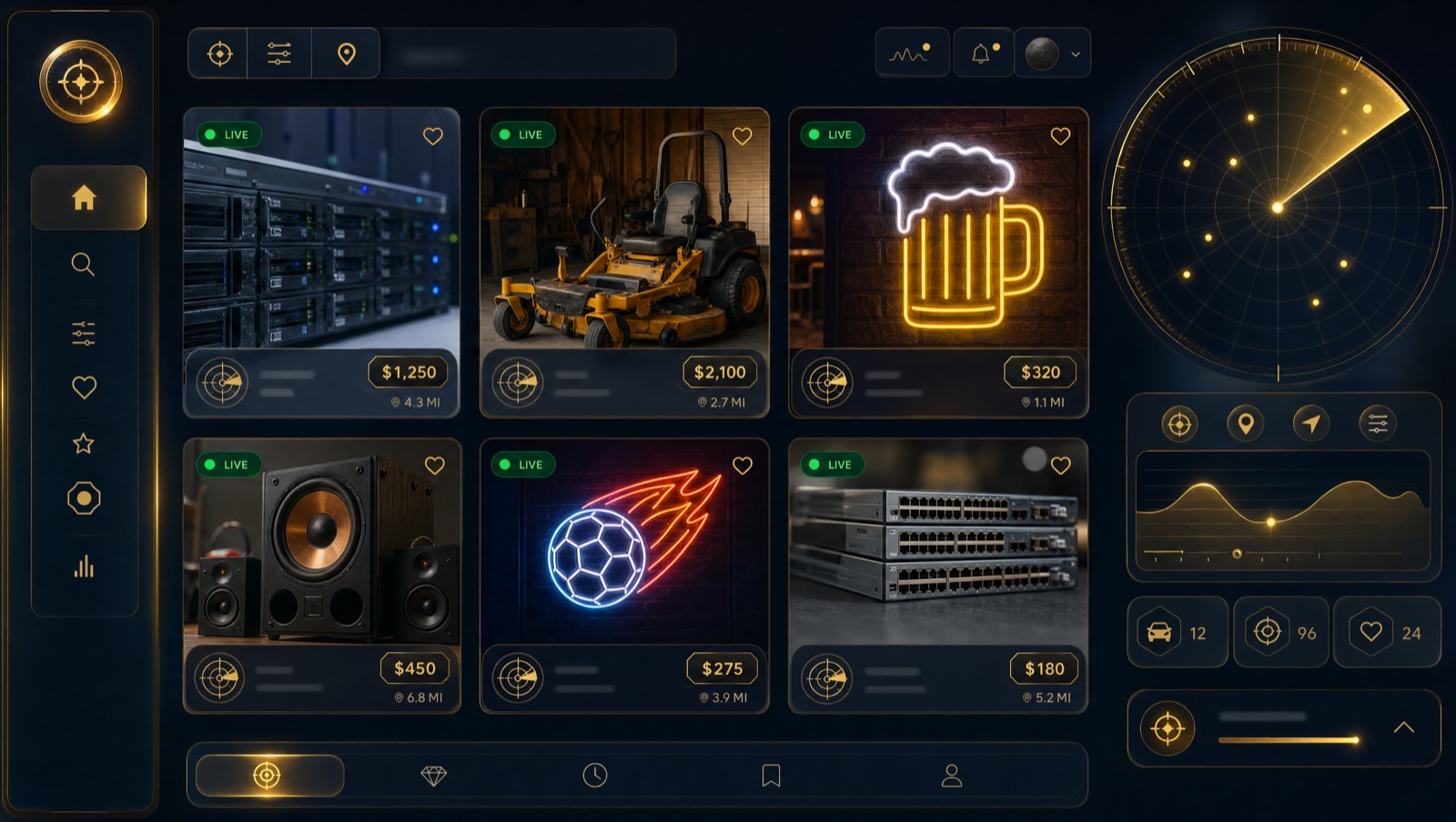 Cletus Treasure Hunt radar dashboard showing live deal cards with prices and distances